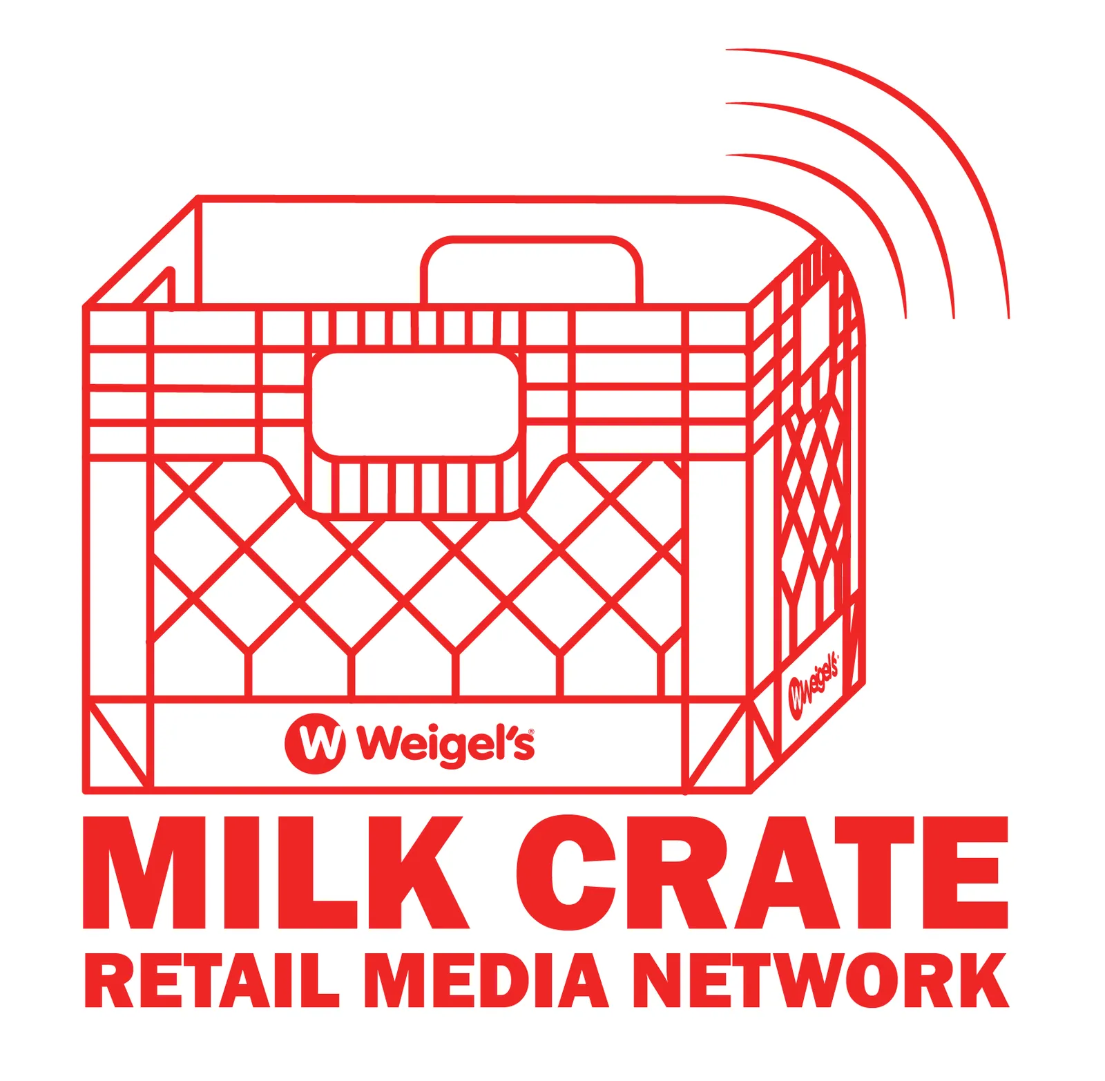 a logo showing a milk crate that says &quot;Weigel&#x27;s Milk Crate Retail Media Network&quot;