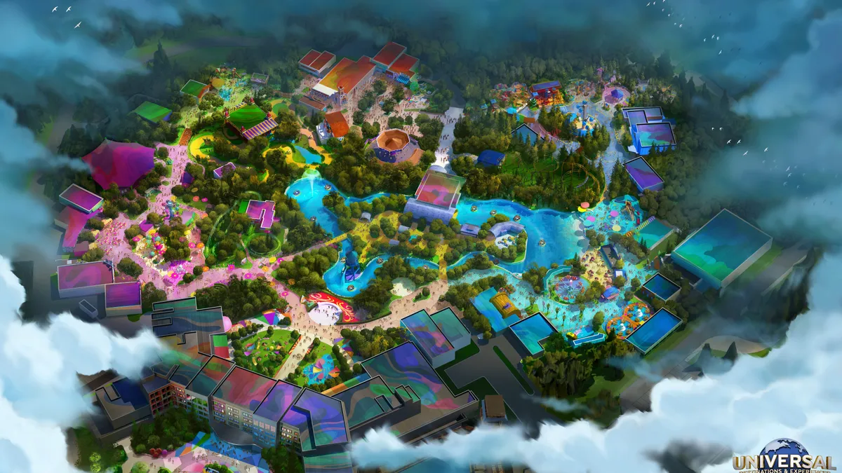 Aerial view of a theme park rendering, featuring brightly colored water features, rides and buildings.