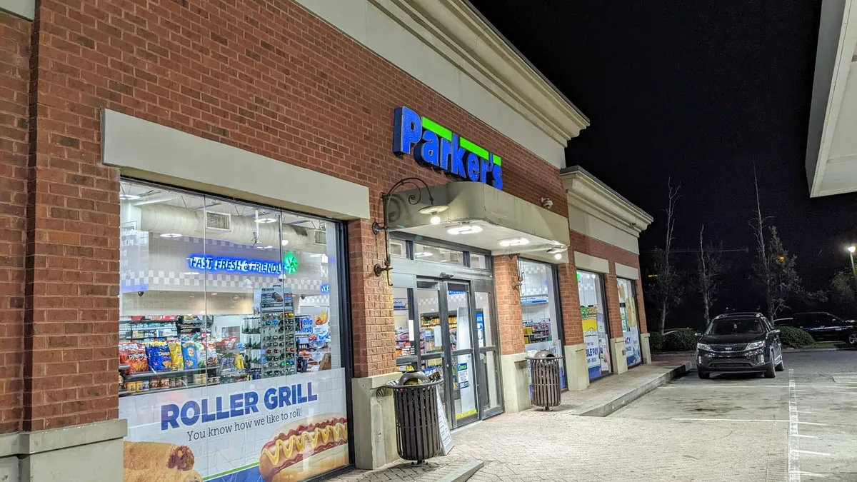 Parker's convenience store lit up at night