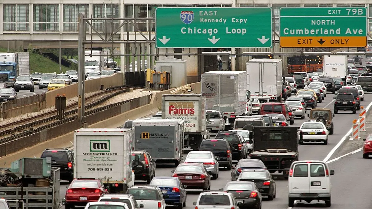 Trucks sit in heavy traffic on Interstate 90 in Chicago on Sept. 1, 2006.