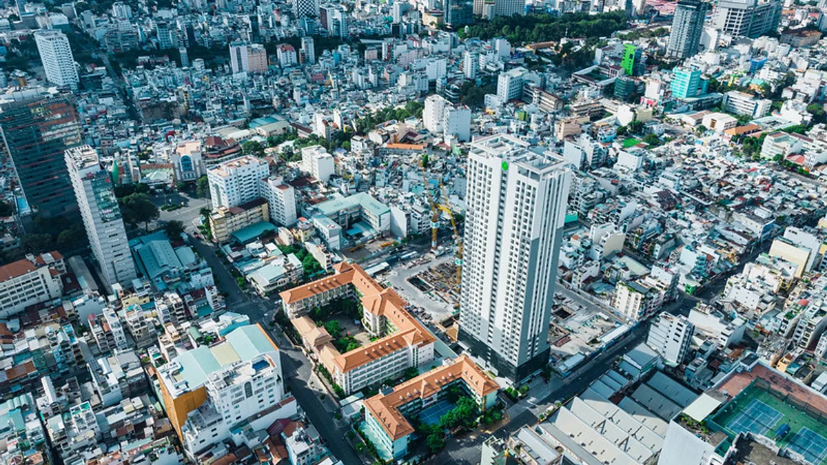 Aerial Drone Photo of District 1 of Ho Chi Minh City, Vietnam with Buidlings, Constructions and no Traffic due to a Lockdown, taken July 10, 2021.