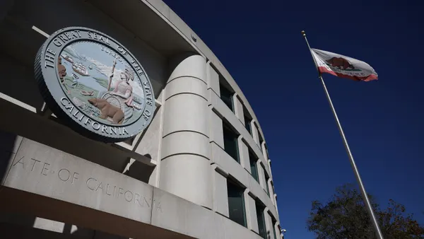 The Great Seal of California is displayed on the front of the State of California Public Utilities Commission on Oct. 24, 2022.