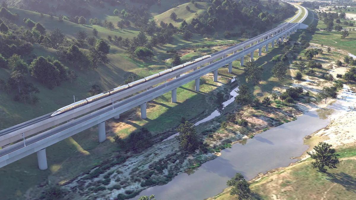 A rendering made on a computer of what one section of California's high speed rail project will look like.