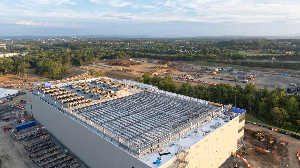 Rear aerial view of of a data center being constructed in Ashburn, VA