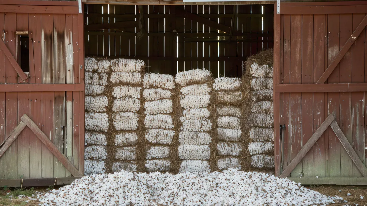 Raw cotton stacked in a barn