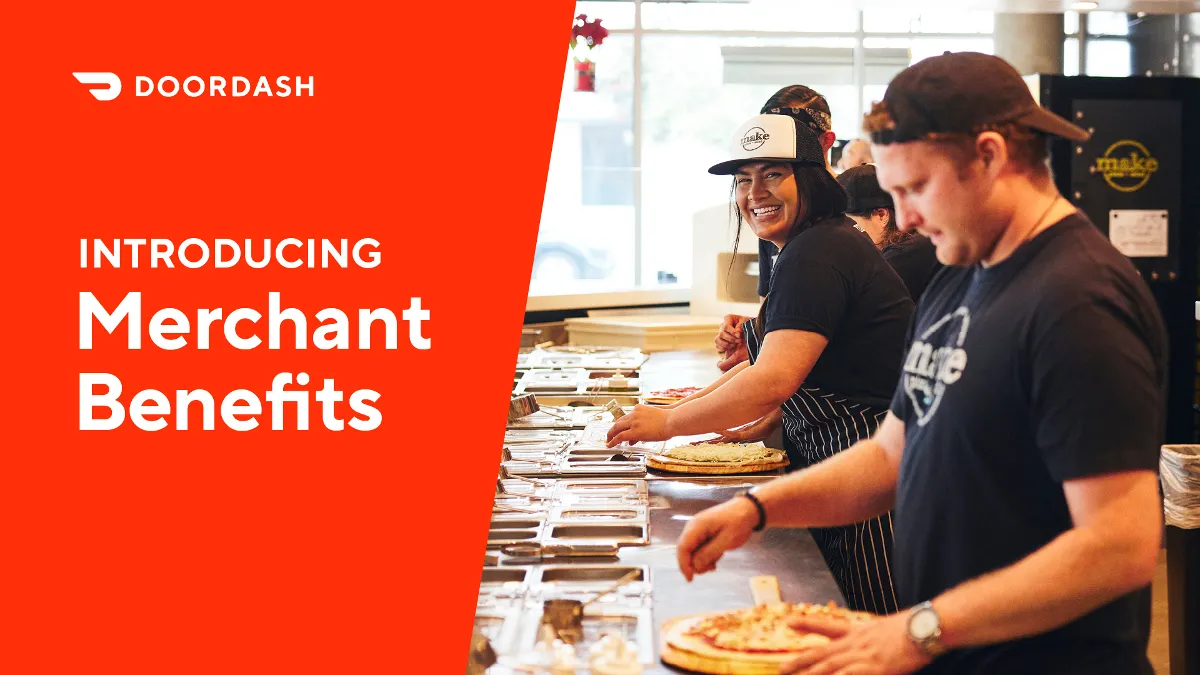 An image of restaurant employees working in a kitchen next to a red banner for DoorDash.