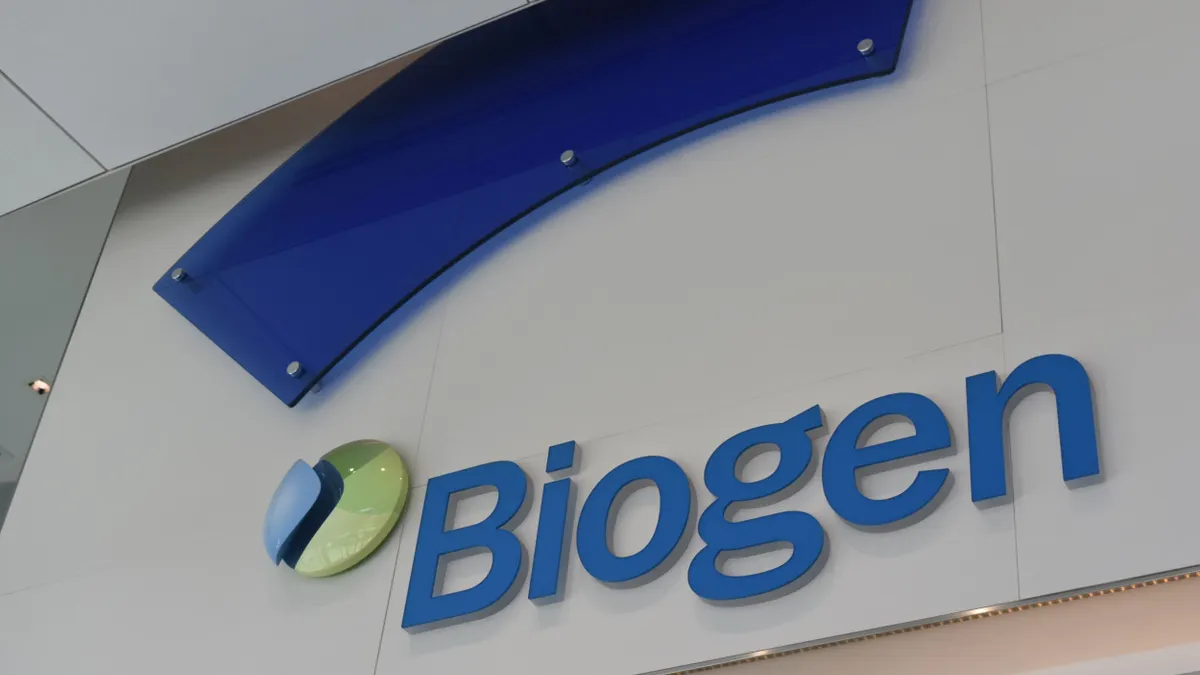 The Biogen logo is displayed on wall inside the company's Cambridge, Massachusetts, headquarters on Sept. 5, 2024.