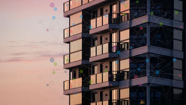 Multifamily unit building with graphic overlaid.