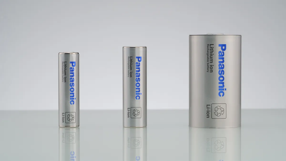 Pictured are Three sizes cylindrical batteries produced by Panasonic for electric vehicles.