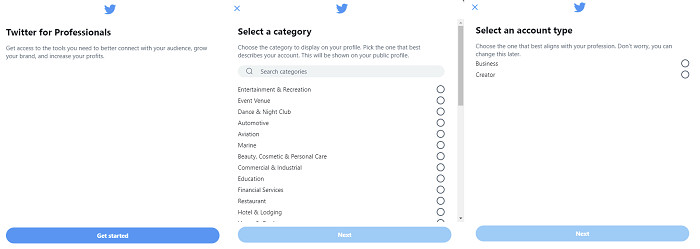 Twitter Convert to Professional setting