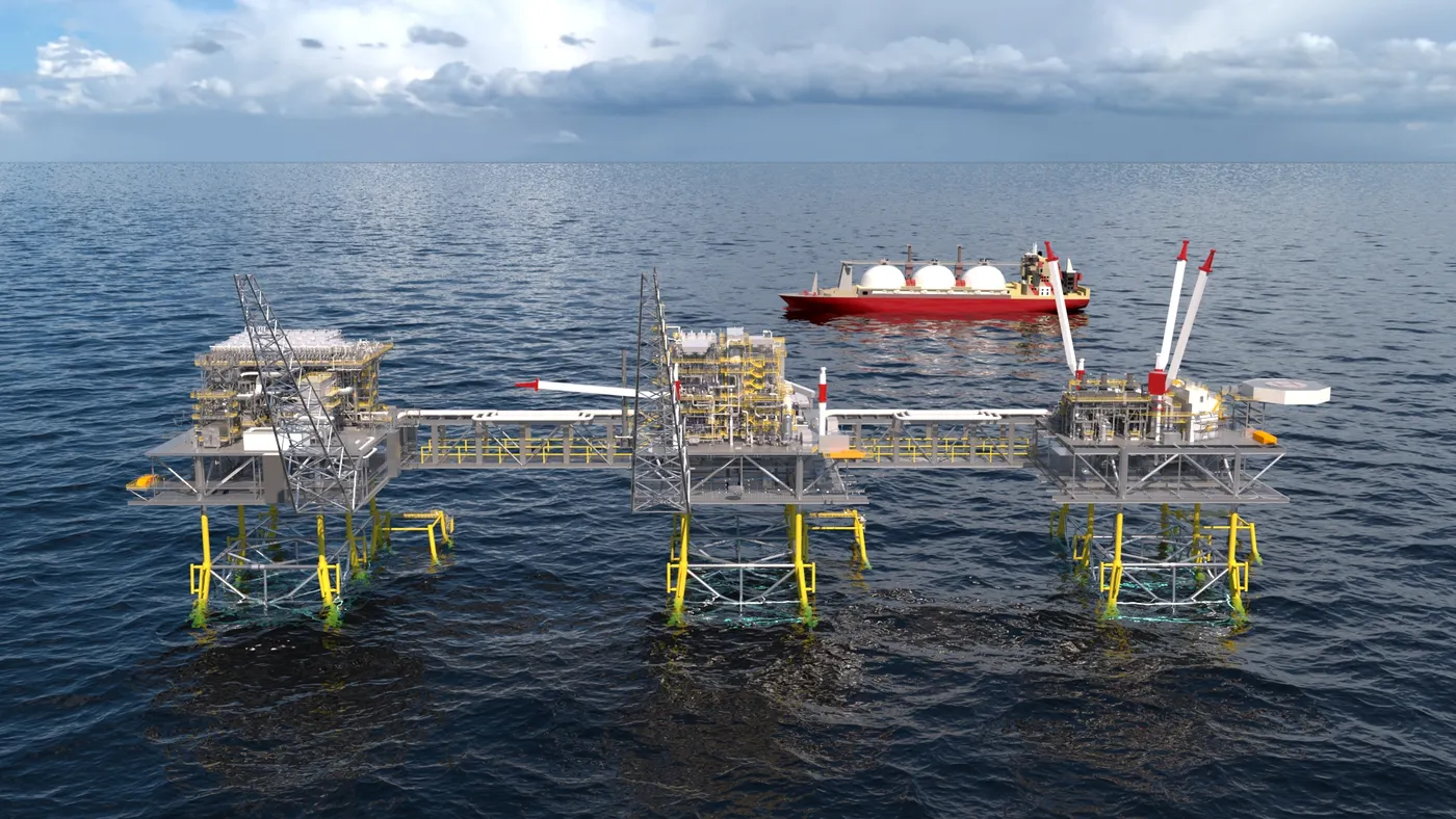 Photo shows a midscale LNG plant installed on three fixed jacket offshore platforms.