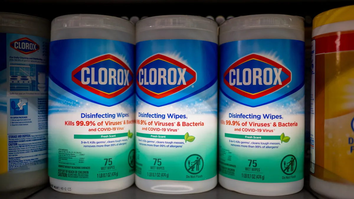 CFO bleach wipes lined up on a shelf