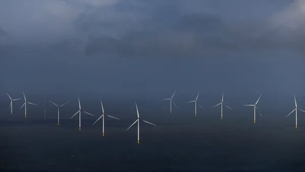 Windfarms stand in the sea off the East coast near the Humber Estuary on March 11, 2025 in the North Sea, United Kingdom.