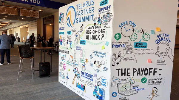 a whiteboard cube structure with sticky notes and artwork. it is titled Telarus Partner Summit