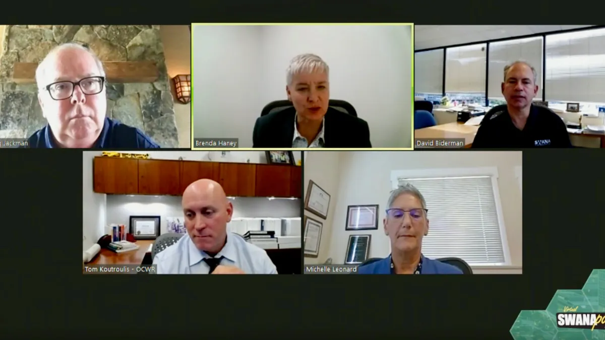 Screenshot of COVID-19 keynote session from SWANApalooza 2020. Speakers include Worthing Jackman, Brenda Haney, David Biderman, Tom Koutroulis and Michelle Leonard