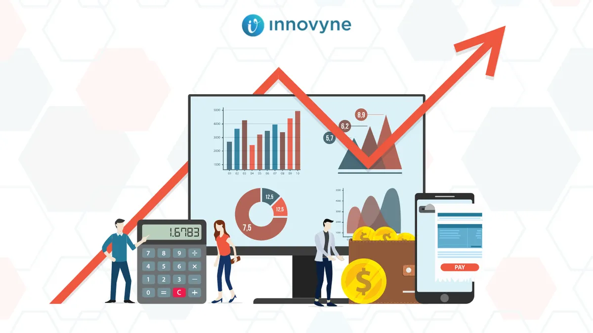 An illustration from Innovyne showing a stock arrow going up on top of a computer with financial graphics, a calculator, a smartphone, and some people below the computer.