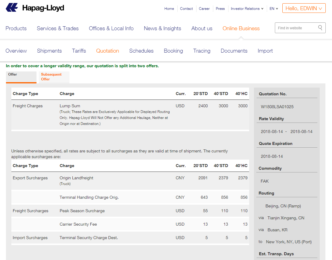 Hapag-Lloyd Instant Quote Results