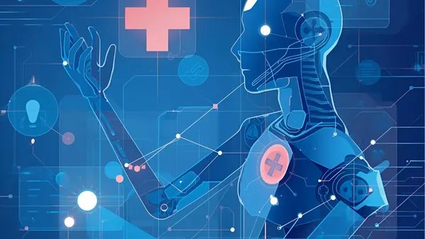 A futuristic digital illustration of a humanoid robot with glowing blue circuitry and medical symbols, including a red cross, representing the integration of artificial intelligence and healthcare technology.
