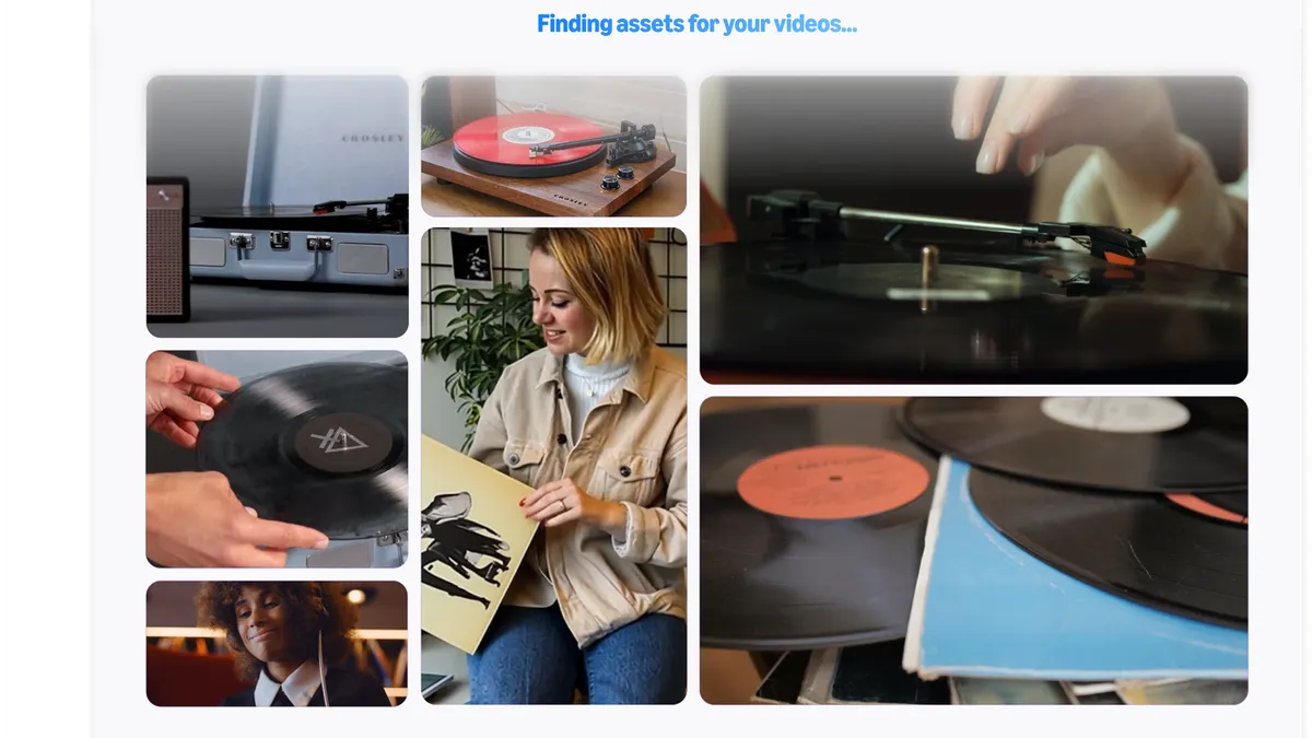 A collage of images created by Amazon's AI video generator show virtual models interacting with record players