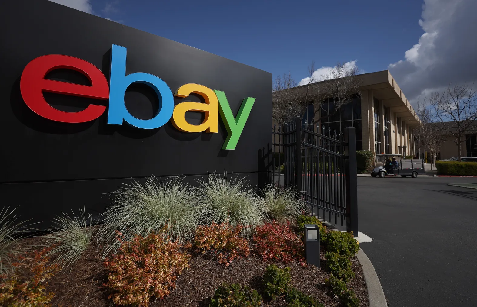 The eBay logo is displayed outside company headquarters.