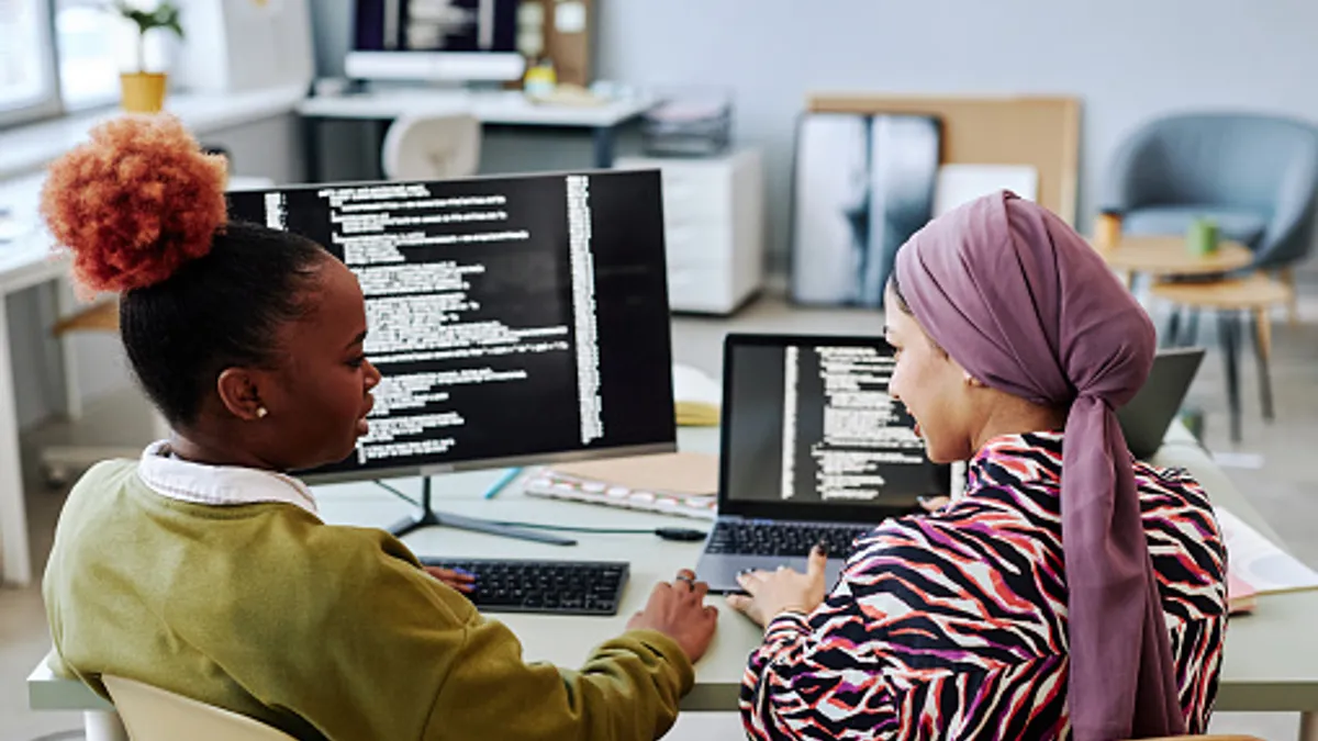 Back view of two women programmers writing code and discussing project together