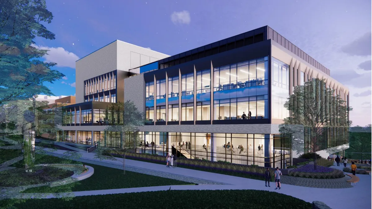 A render of a square building with modern windows and beige brick, compared to a blue sky.