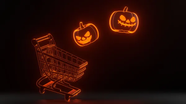 Orange shopping cart with floating jack-o'-lanterns