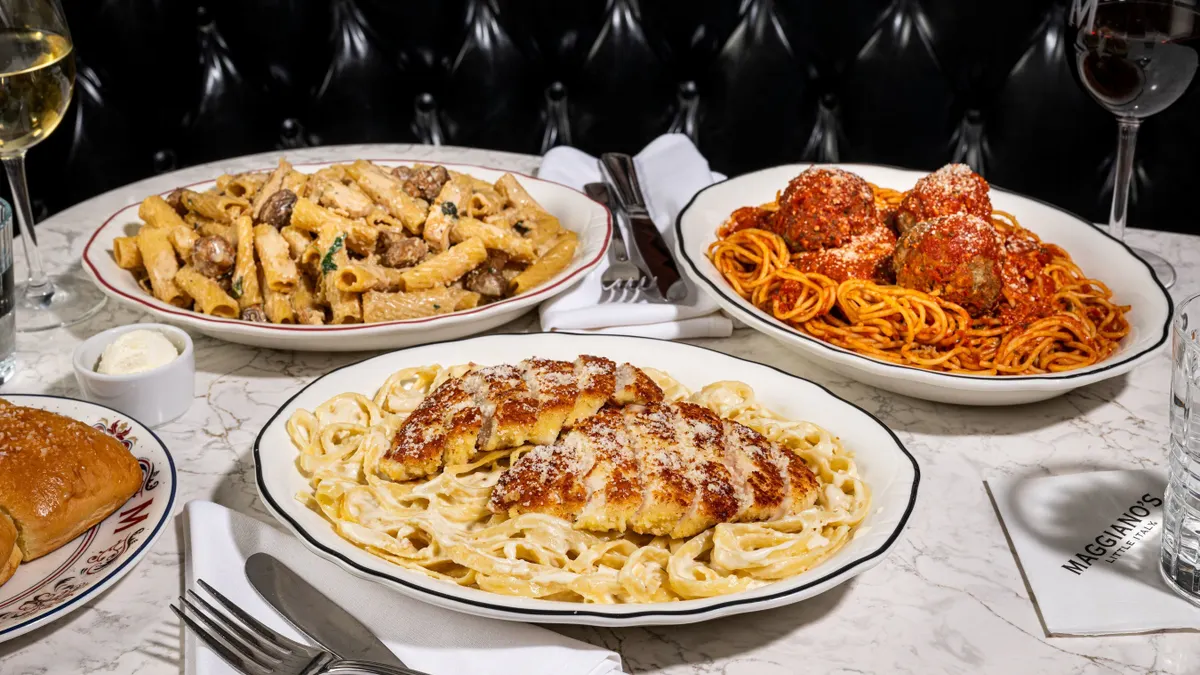 A spread of pasta entrees from Maggiano's Little Italy.
