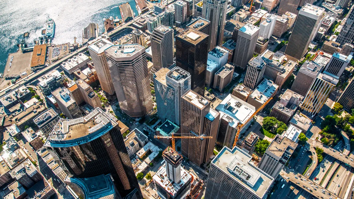 Aerial shot of urban downtown