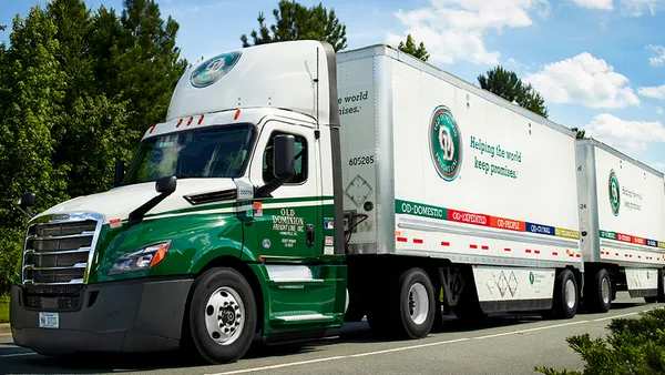 An Old Dominion Freight Line truck pulls two trailers