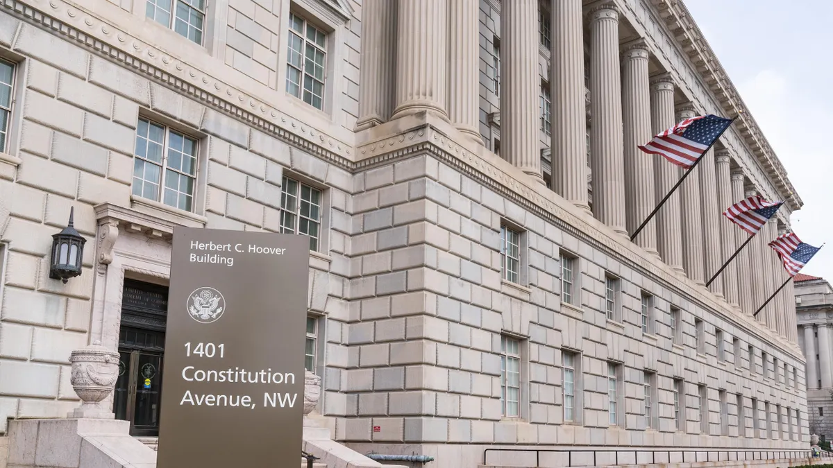 The Herbert C. Hoover Building, headquarters of the U.S. Department of Commerce, located at 1401 Constitution Avenue NW in Washington, D.C., showcasing its Neoclassical architecture with a colonnaded façade and limestone exterior.