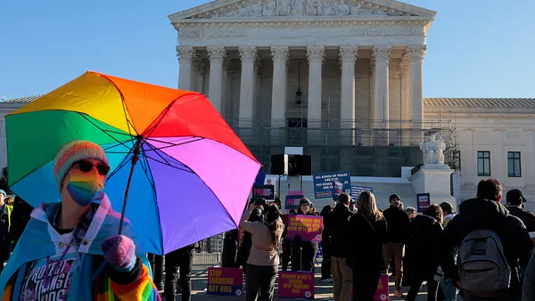 Protesters for and against transgender athletes competing in women's sports gather outside the Supreme Court on January 13, 2026 in Washington, DC.