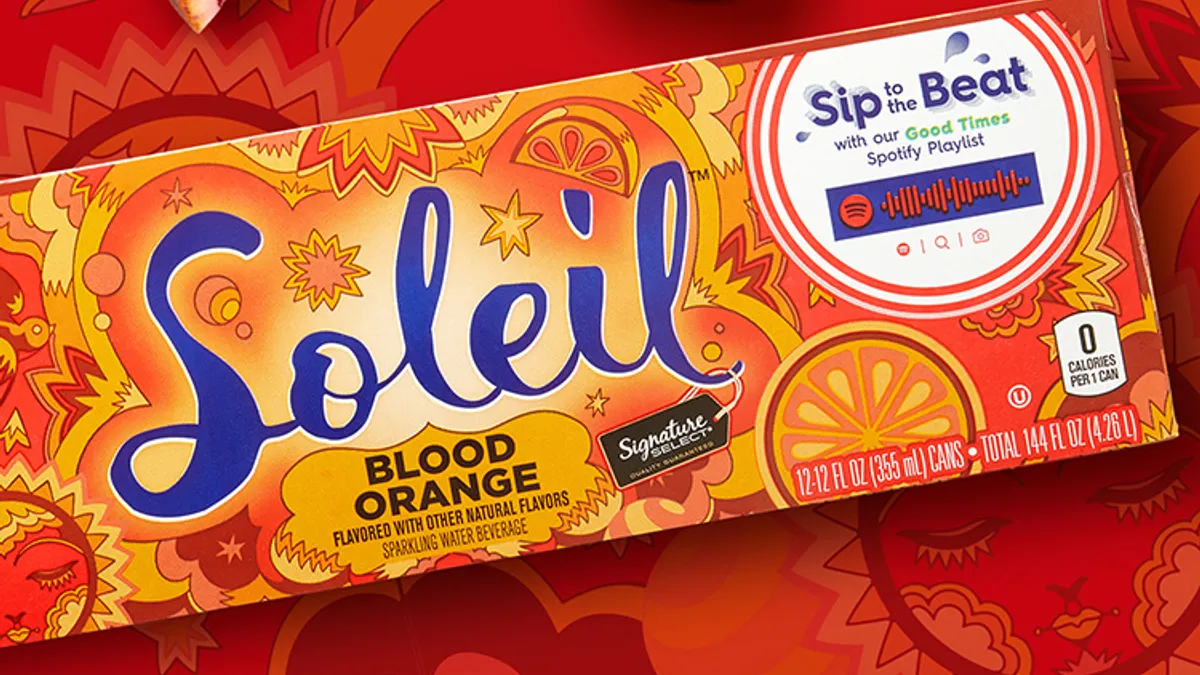 Label for blood orange flavor of sparkling water sold under Albertsons' Soleil house brand