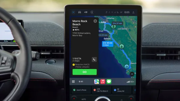 The Apple Maps interface shown on the infotainment screen of a Ford Mustang Mach-E electric SUV.