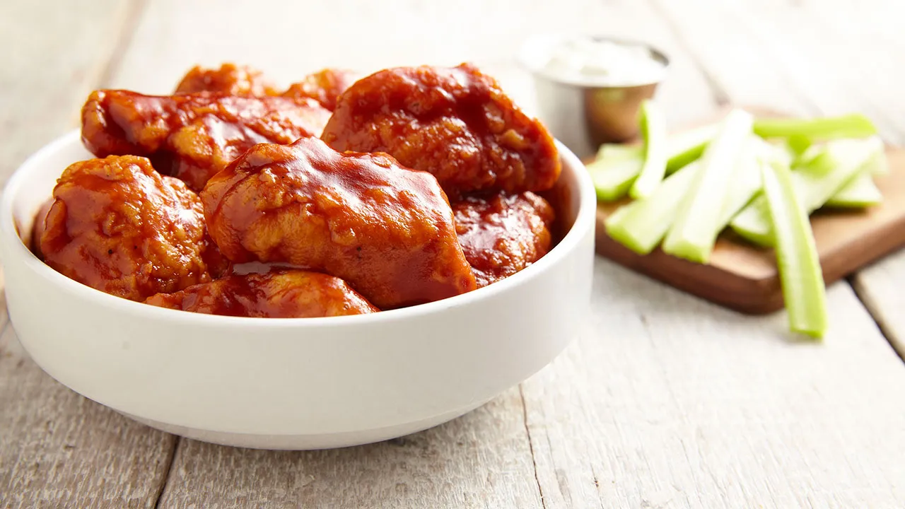 An image of boneless chicken wings from Wings & Rings.