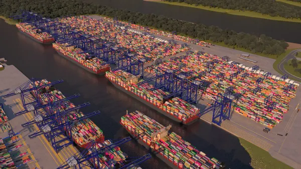 A rendered image of an ocean terminal in Georgia with multiple container vessels docked.