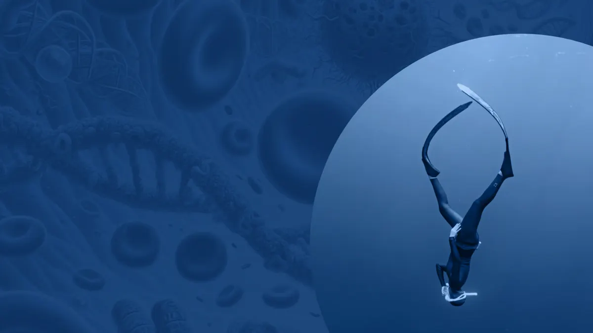 AI image of a diver swimming in blue cells