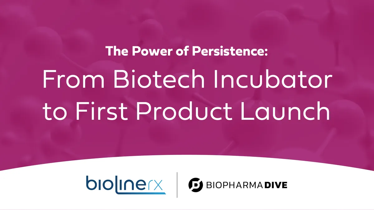 This image depicts the podcast series image for BioLine's BioPharma Dive series, "The Power of Persistence: From Biotech Incubator to First Product Launch"
