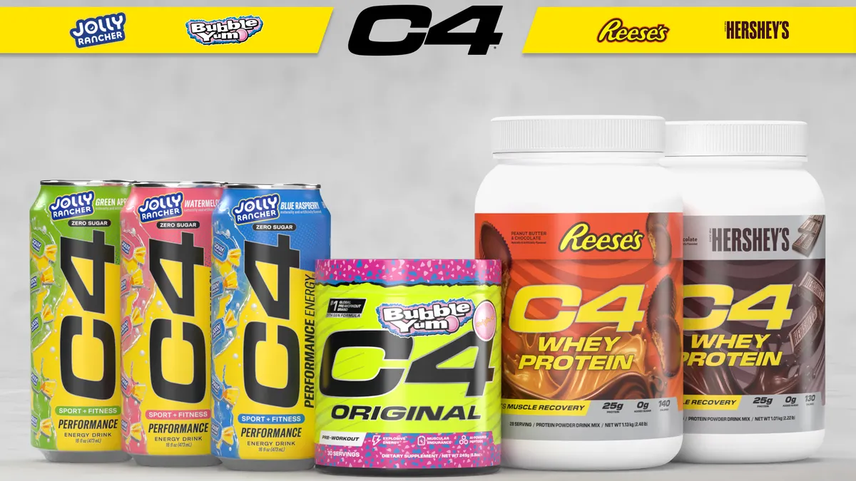 C4 energy drinks and protein powders that incorporate four Hershey brands.