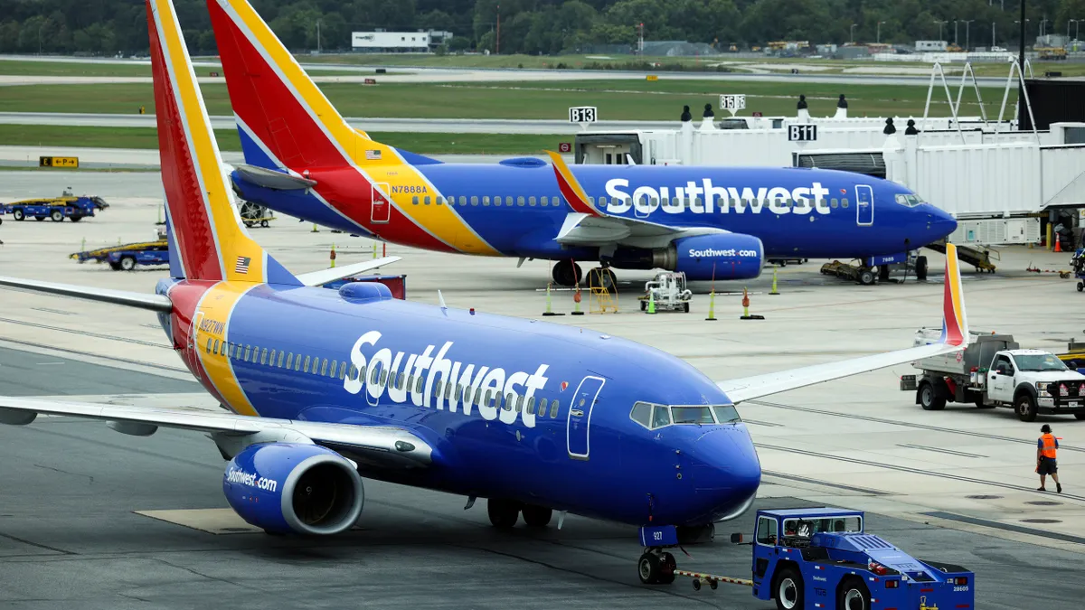 Southwest aircraft on a runway at an airport in Baltimore Maryland on Oct. 11, 2021.