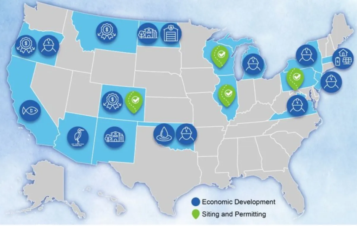 A map of the United States showing where Department of Energy Transmission Siting and Economic Development Grant Program projects are located.