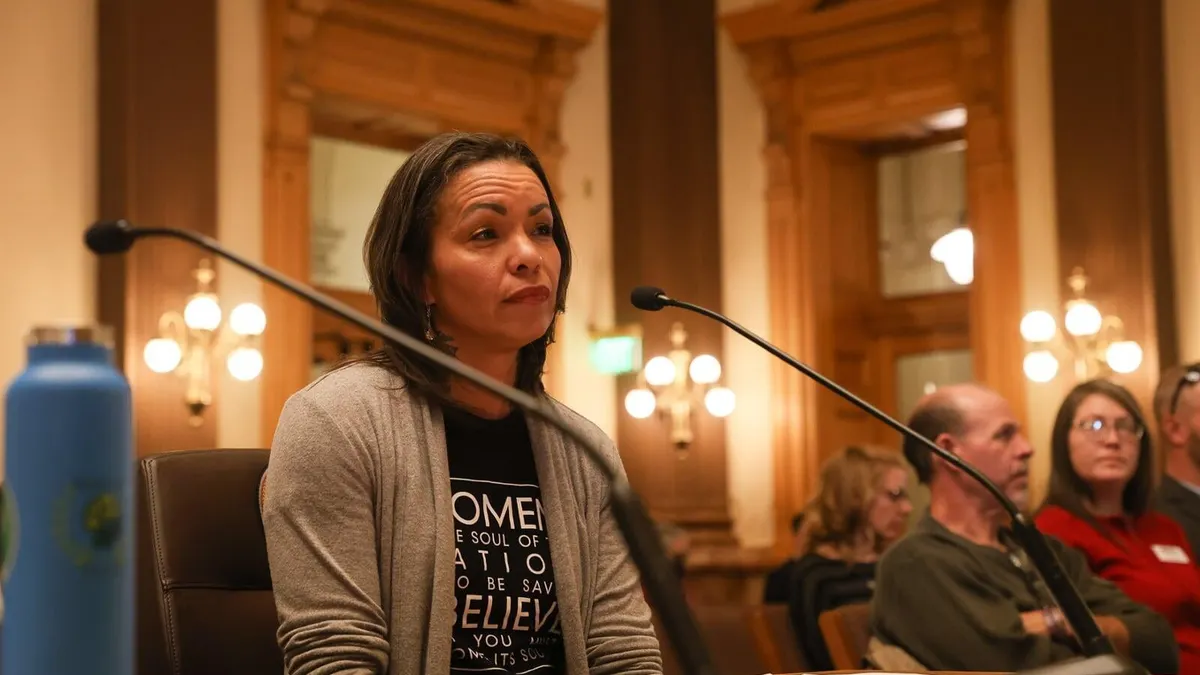 A person sits in front of a microphone in the Colorado State Capitol