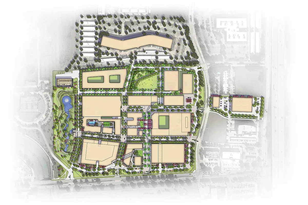 An overhead map of a property with buildings and green space.