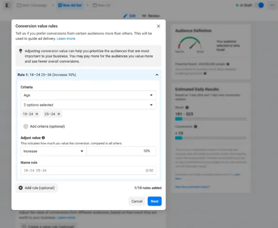 Meta conversion value rules