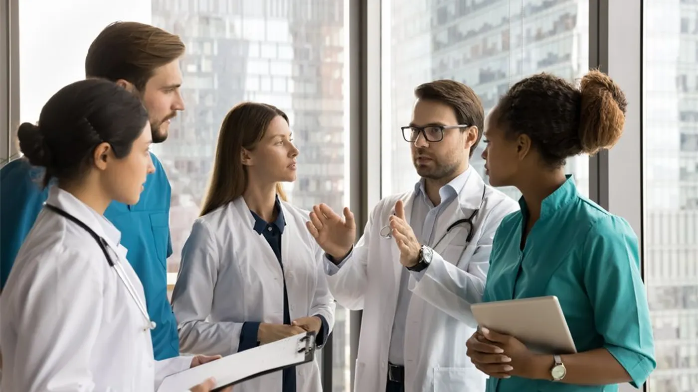 Five healthcare workers in white coats having a conversation.