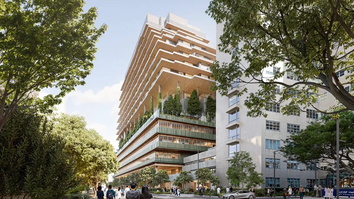 A rendering shows a cascading, 15-floor modern hospital building.