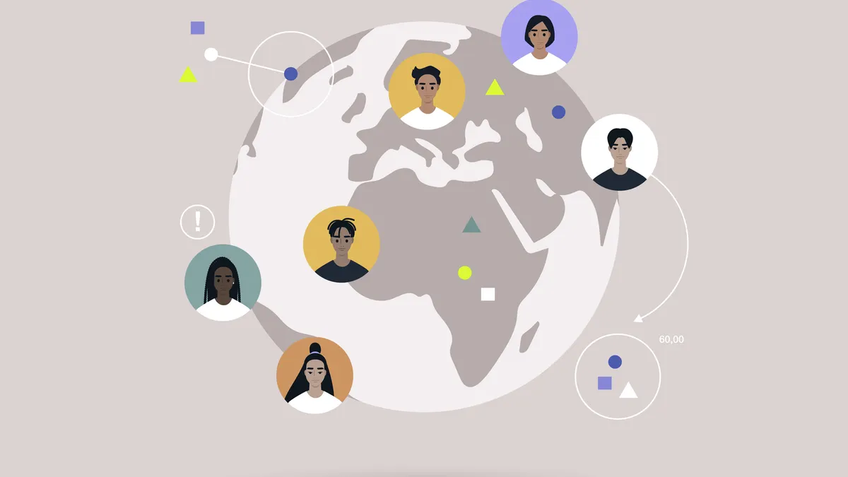 Global communications concept, a Globe with colorful user avatars on it, Globalization.