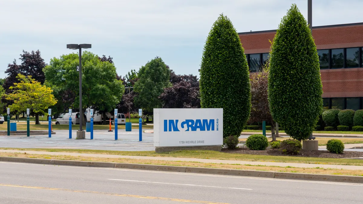 The Ingram Micro logo is displayed on a sign outside of an office building.