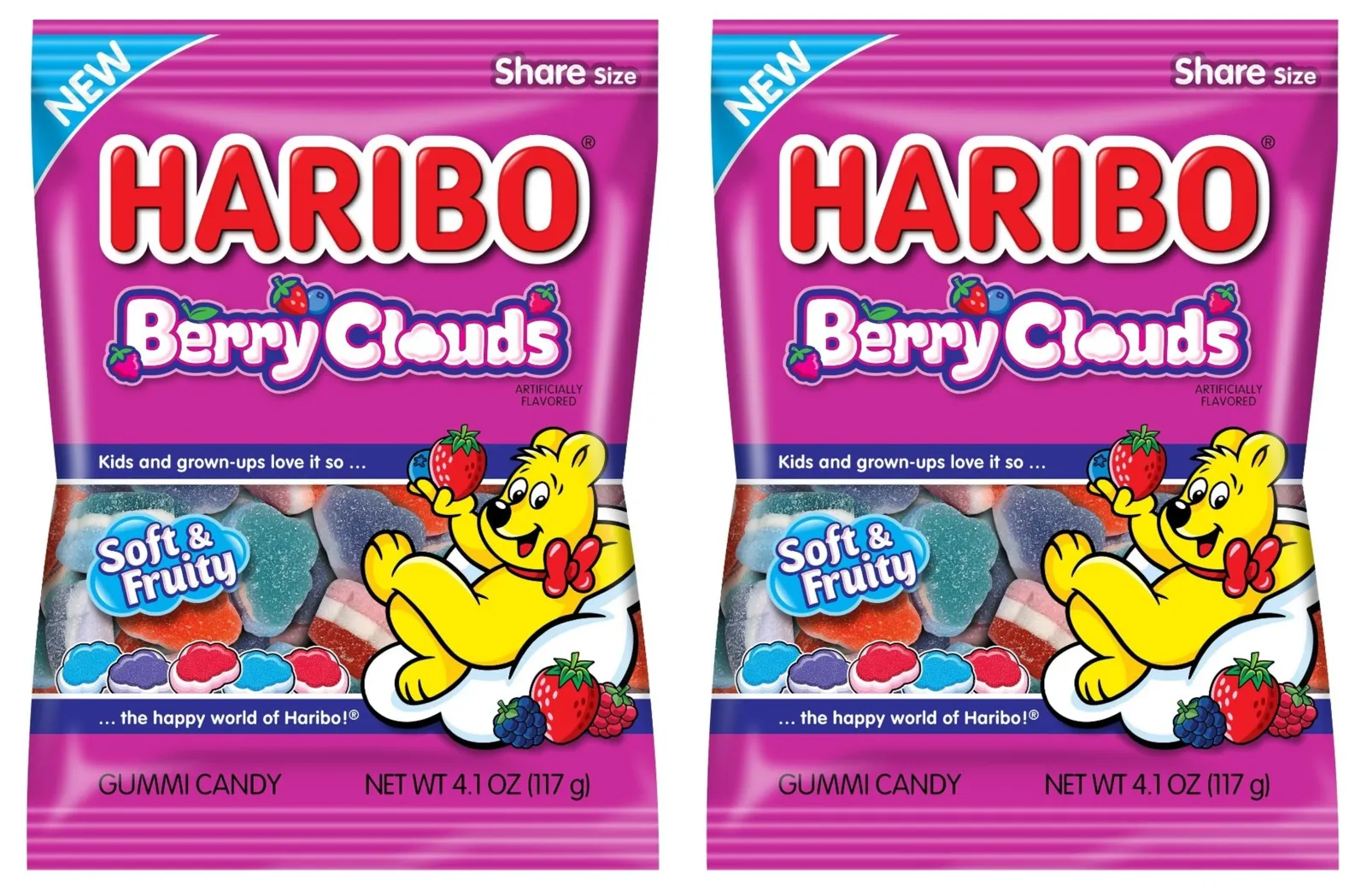 Two purple bags of Haribo Berry Clouds, featuring a cartoon yellow bear resting on a cloud.
