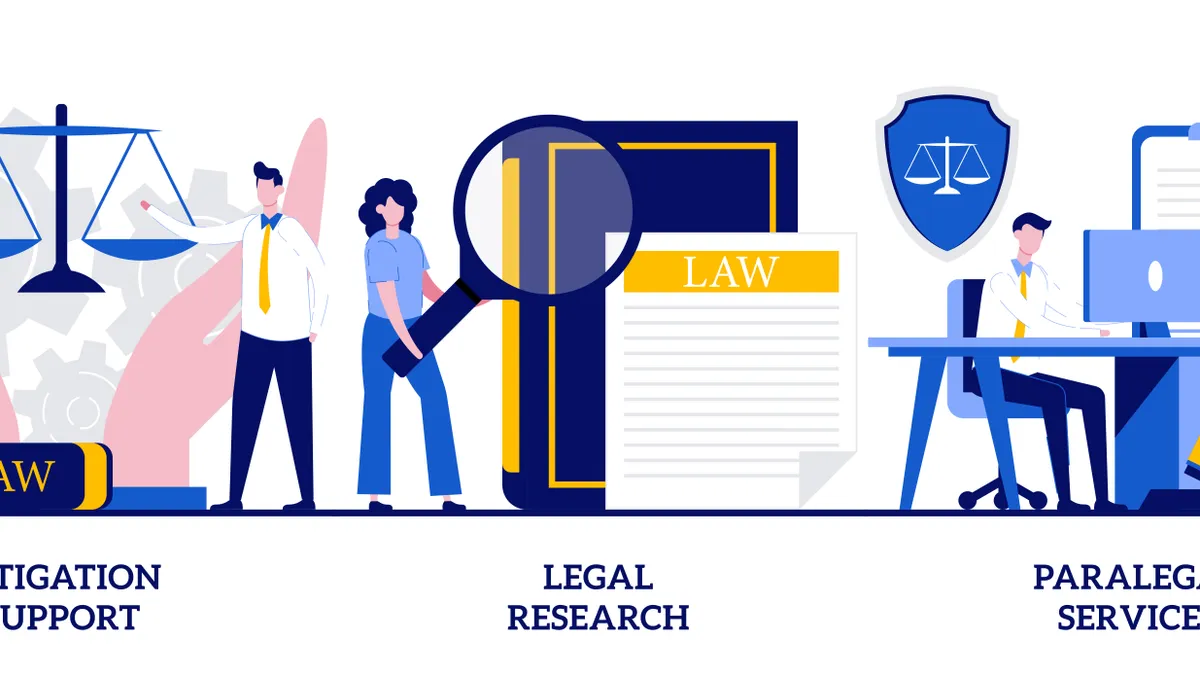 Litigation support, legal research, paralegal services concept with tiny people. Law firm vector illustration set. Forensic accounting, consulting, data collection, attorney legal work metaphor